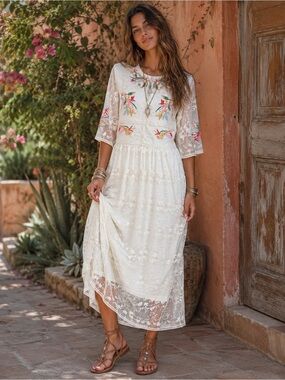 Boho Lace Embroidered Midi Dress M Flowy Romantic Wedding Vintage Aesthetic